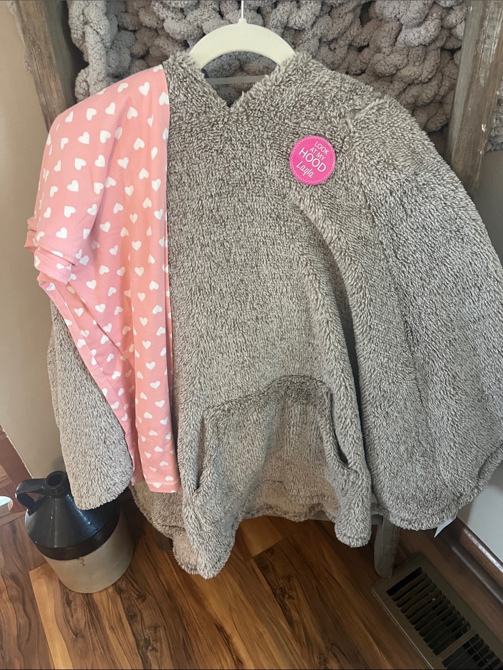 Plush Gray Hooded Sherpa Pullover with Pink Heart Pajama Pants